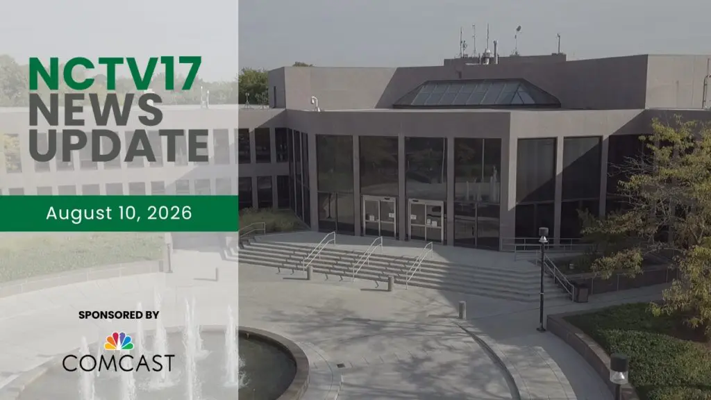 NCTV17 News Update slate for August 10, 2026 with image of Naperville City Hall in background