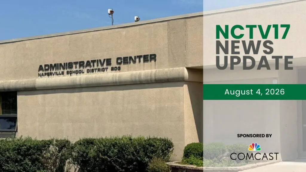 Naperville District 203 administration center with news update graphic