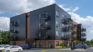 Exterior rendering of proposed micro unit apartment site in Naperville
