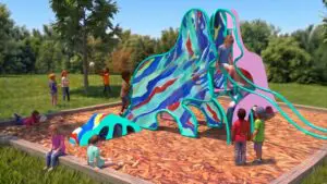 Rendering of children playing on a future art installation at The Morton Arboretum