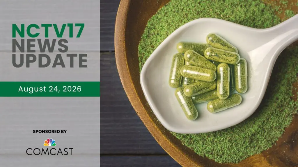 NCTV17 News Update slate for August 24, 2026 with kratom tablets in spoon in background