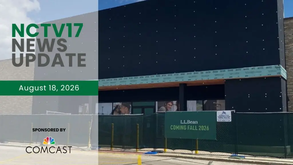 NCTV17 News Update slate for August 18 with image of L.L. Bean store in foreground
