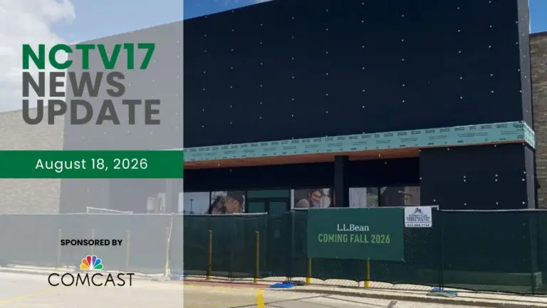 NCTV17 News Update slate for August 18 with image of L.L. Bean store in foreground