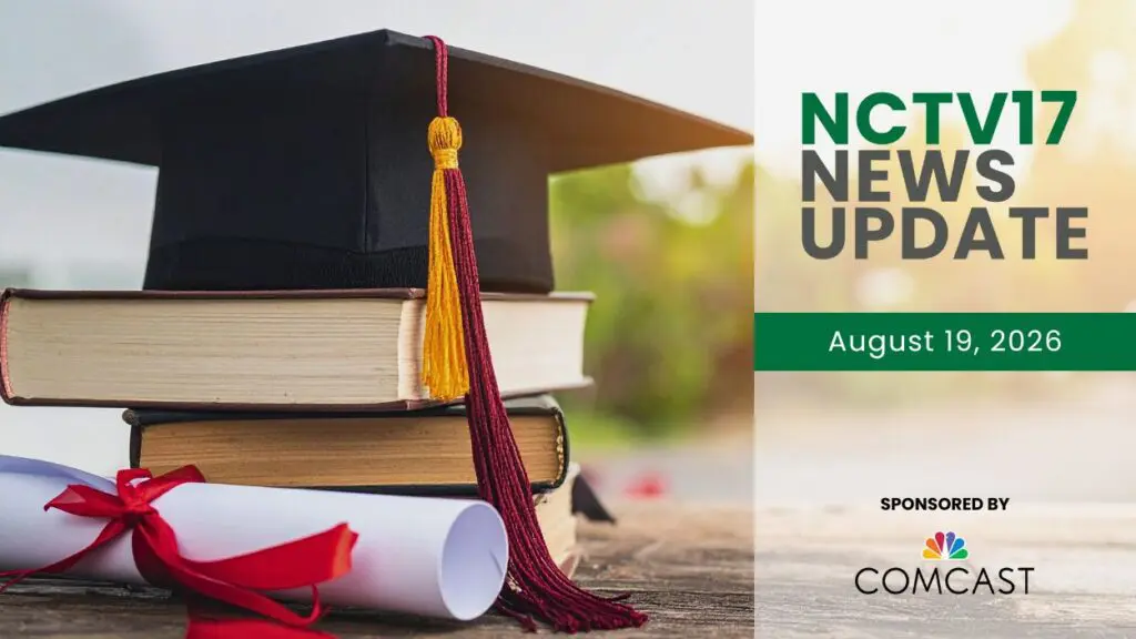 NCTV17 News Update for August 19, 2026 with graduation cap on book pile and diploma in background