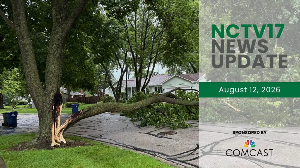 NCTV17 News Update slate for August 12, 2026 with lightning hit tree in background