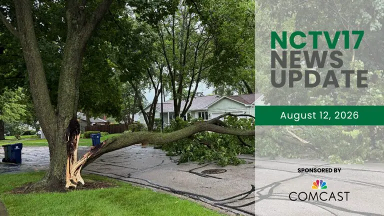 NCTV17 News Update slate for August 12, 2026 with lightning hit tree in background