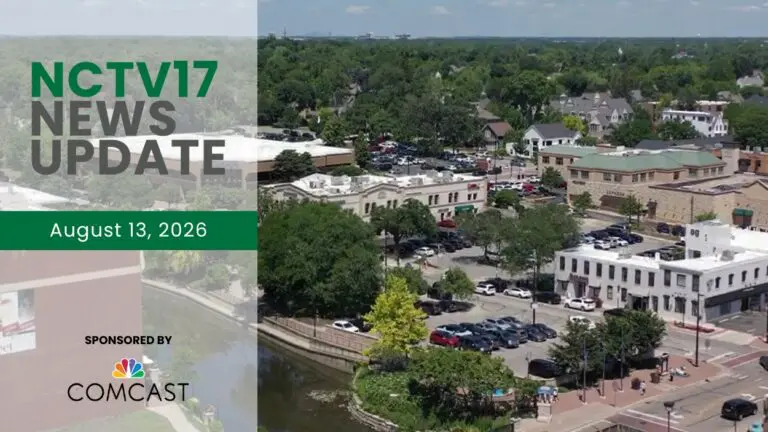 NCTV17 News Update slate for August 13 with drone shot of downtown Naperville in background