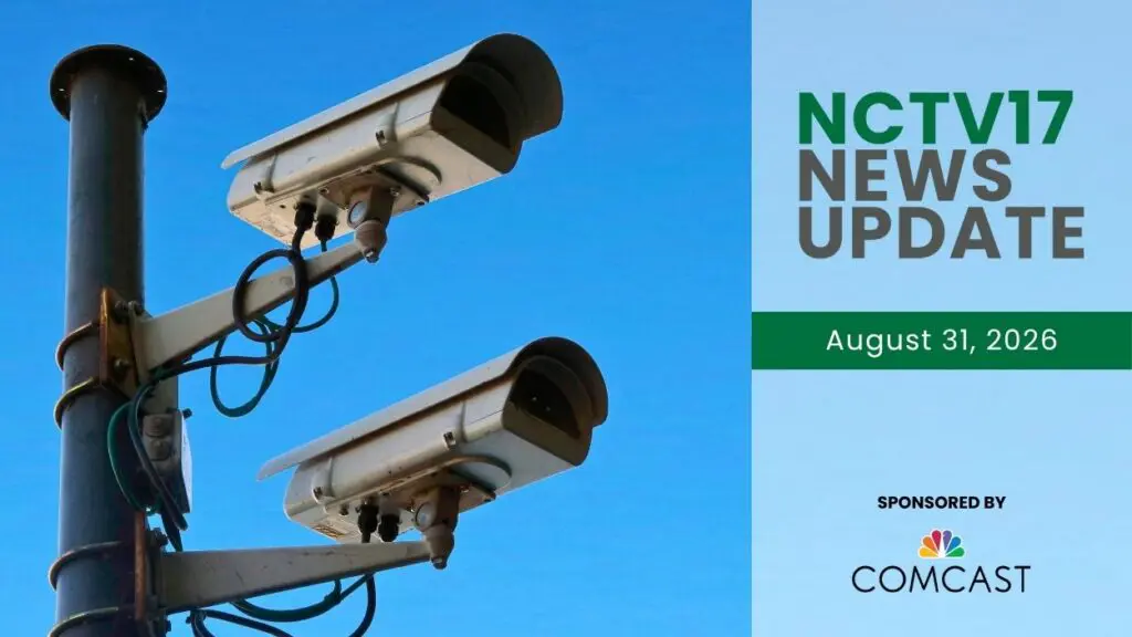 NCTV17 News Update slate for August 31, 2026 with two security cameras in background