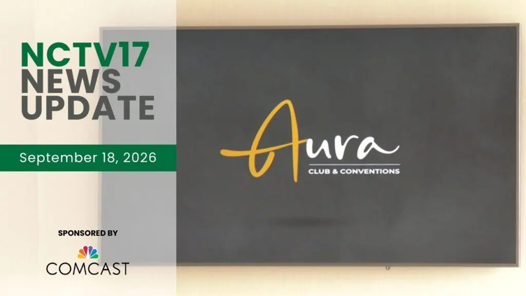 NCTV17 News Update slate for September 18, 2026 with Aura Club and Conventions sign in background