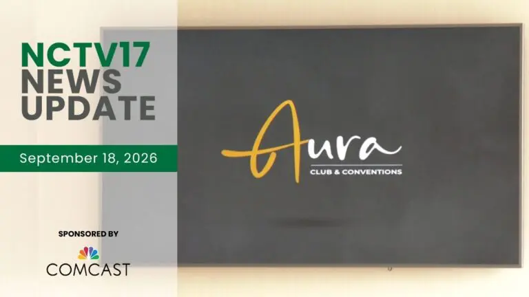 NCTV17 News Update slate for September 18, 2026 with Aura Club and Conventions sign in background