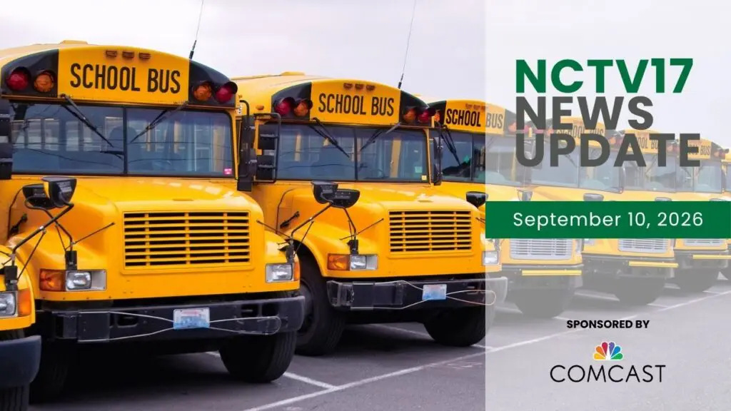 NCTV17 News Update slate for September 10, 2026 with school buses in background