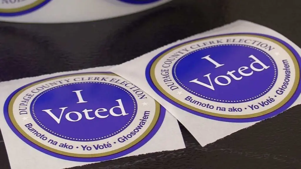 Close up of 2 I voted stickers from DuPage County