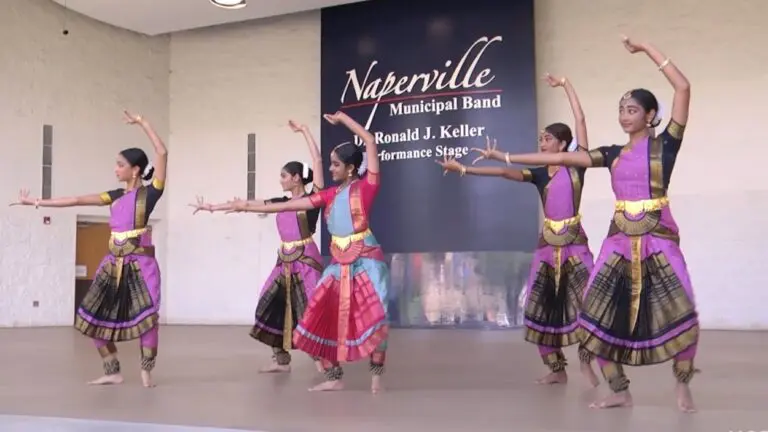 A performance group dances on stage at the first-ever Naperville International Festival