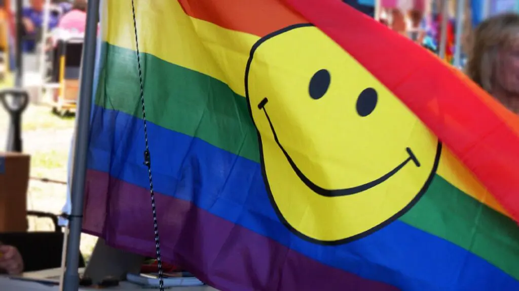 Close up of rainbow pride flag with smiley face at Naper Pride festival