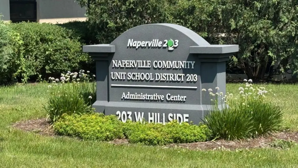 Close up of Naperville School District 203 administration building sign