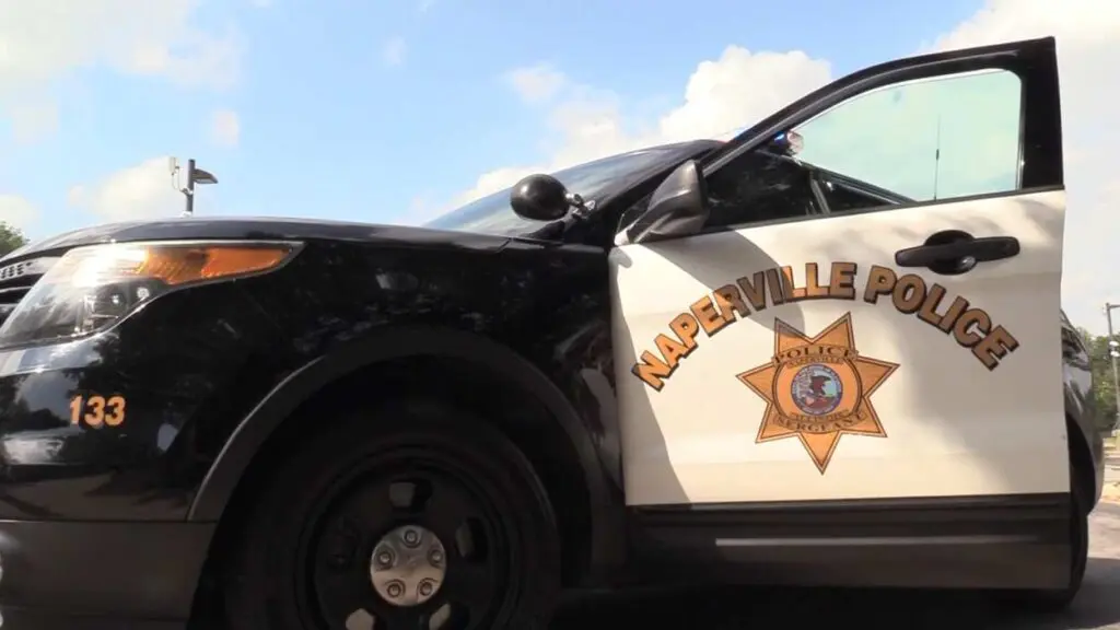 Close up side of Naperville police car with door open