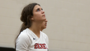 Claire Weathers looks up in warm-ups.