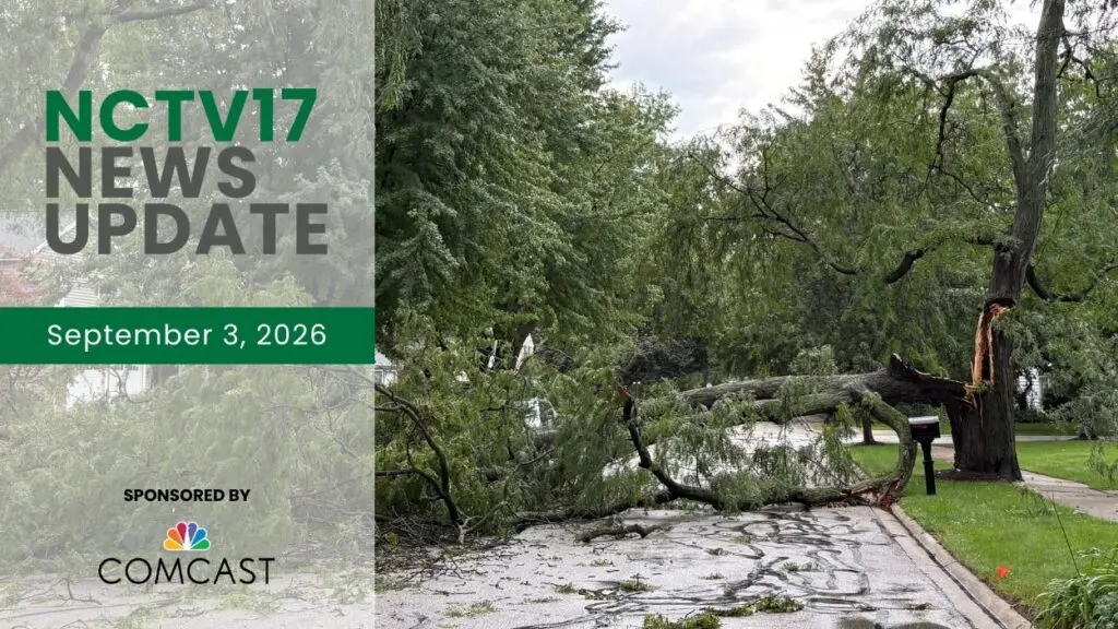 NCTV17 News Update slate for September 3, 2026 with image of tree branch on street in background