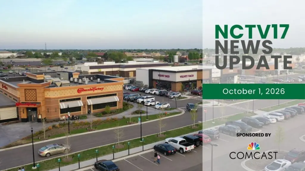 NCTV17 News Update slate for October 1, 2026 with wide shot of Block 59 restaurants like Cheesecake Factory in background