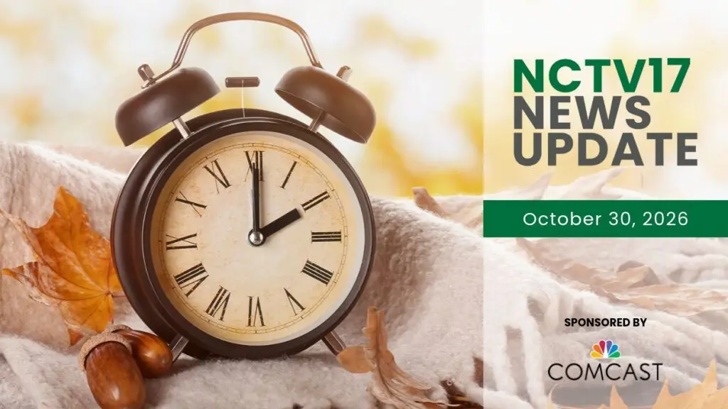 NCTV17 News Update slate for October 30, 2026 with clock and autumn leaf in background