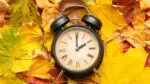 Close up of clock set to 2 o'clock with background of autumn leaves
