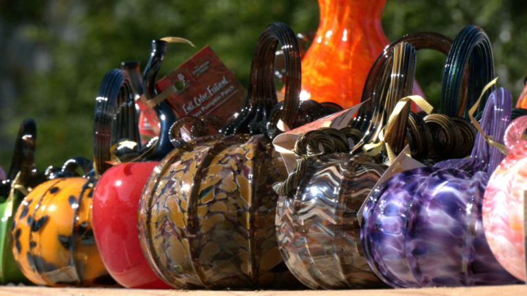 A variety of colorful glass pumpkins sits on a shelf at The Morton Arboretum