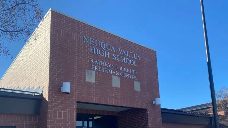 Close up of top of Neuqua Valley High School Birkett Center building