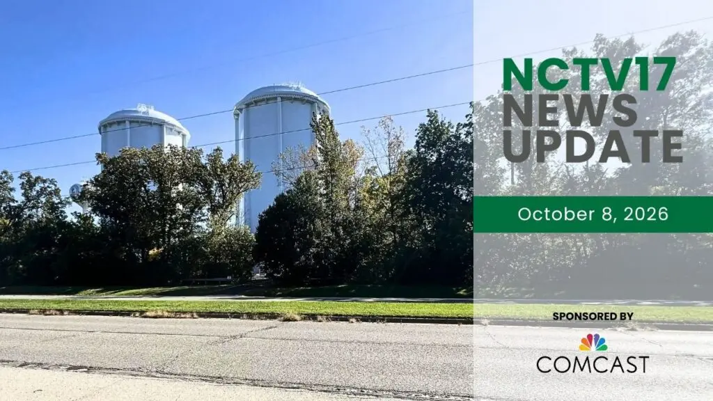 NCTV17 News Update slate for October 8, 2026 with image of large white towers at site of proposed Naperville Ridge development