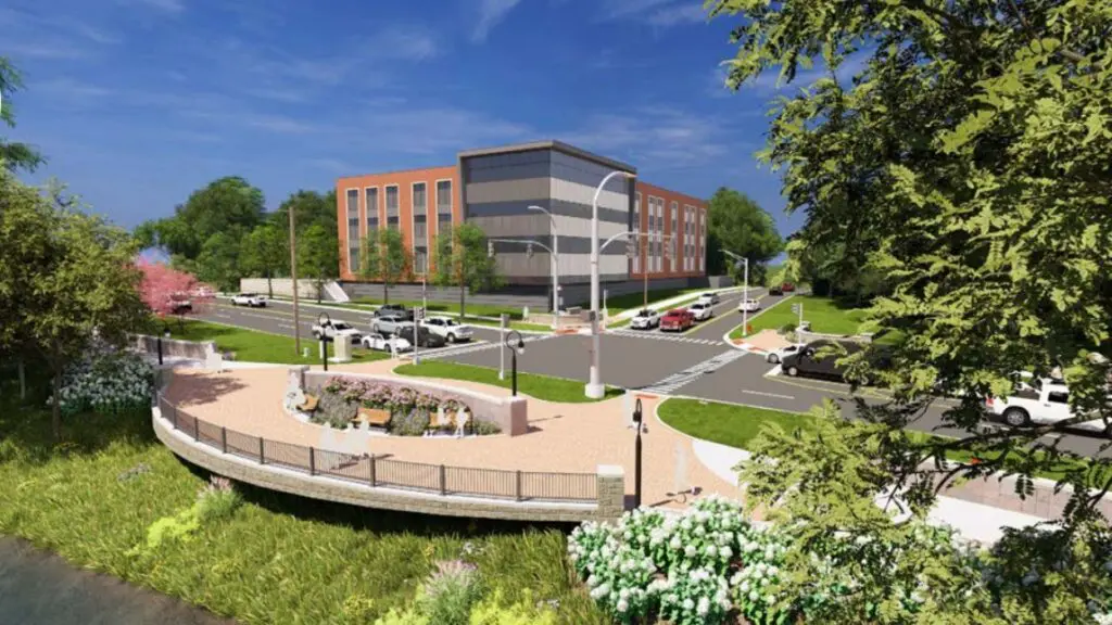 Rendering of the plaza outside Edward Hospital as part of the Riverwalk south extension