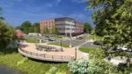 Rendering of the plaza outside Edward Hospital as part of the Riverwalk south extension