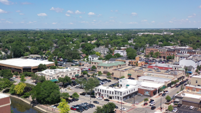Drone shot of downtown Naperville