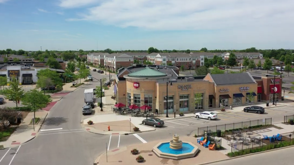 Drone shot of Naperville Crossings shops in south Naperville