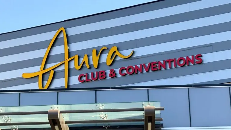 The new Aura Club & Conventions sign at the building on Route 59