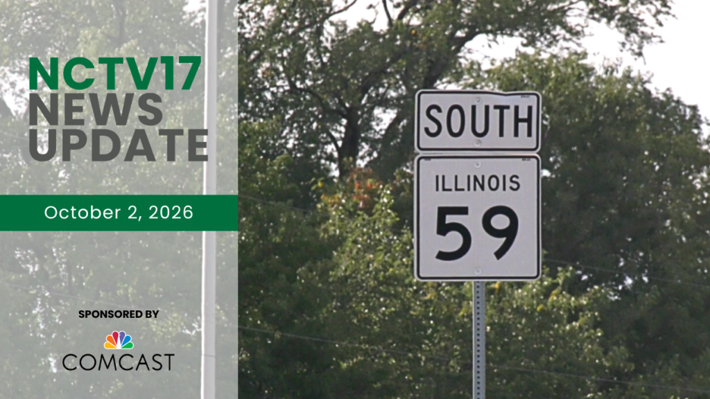 Illinois Route 59 highway sign with news update graphic