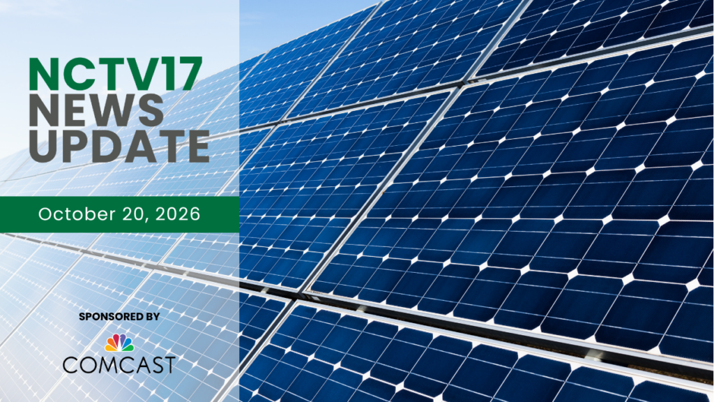 Row of solar panels with news update graphic left
