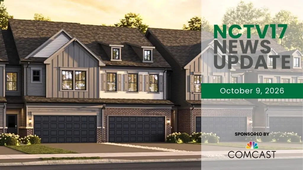 NCTV17 News Update slate for October 9, 2026 with rendering of proposed townhome development in background