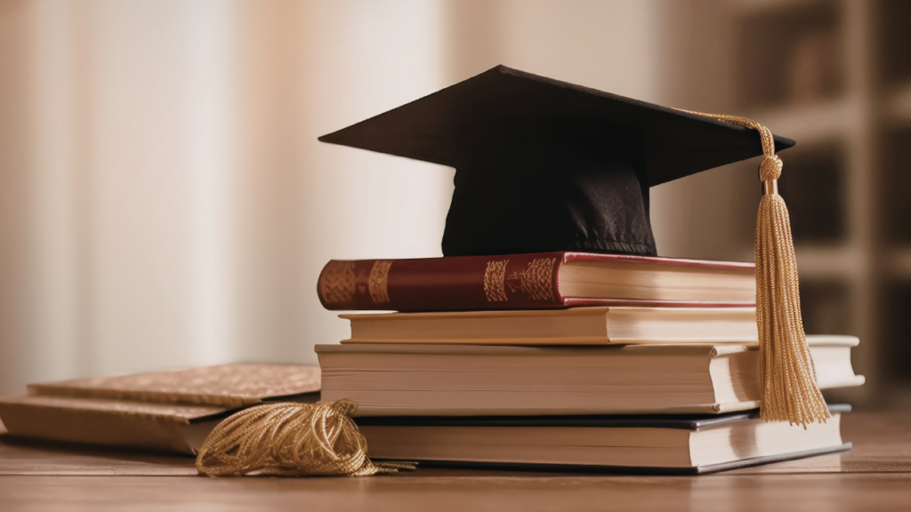 graduation cap on a stack of school books