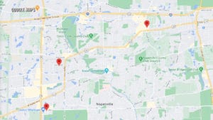 Locations of the three approved adult-use cannabis dispensaries in Naperville