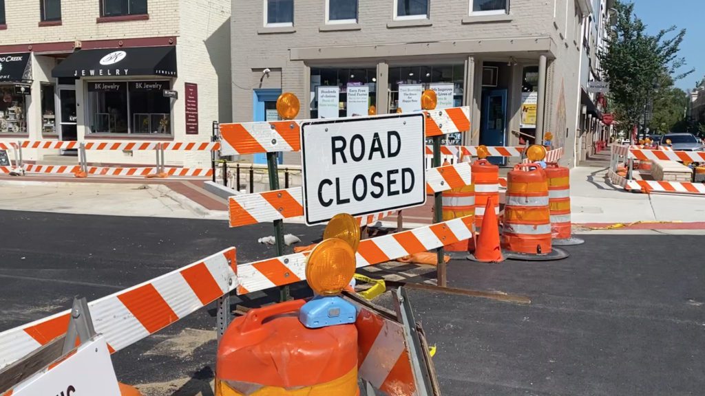 Road Closed sign at downtown Naperville construction