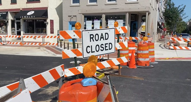Road Closed sign at downtown Naperville construction