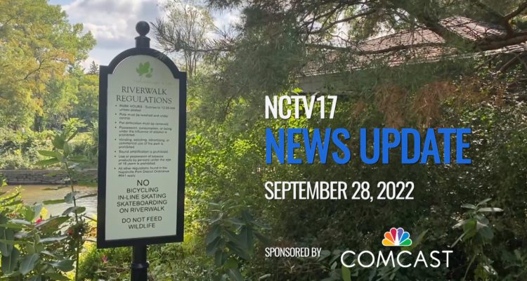 News Update slate for Sept 28 with beauty shot of Riverwalk sign, trees in background, school districts within stories of day