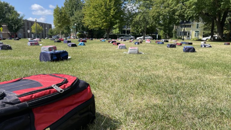 Backpacks on Jefferson Lawn
