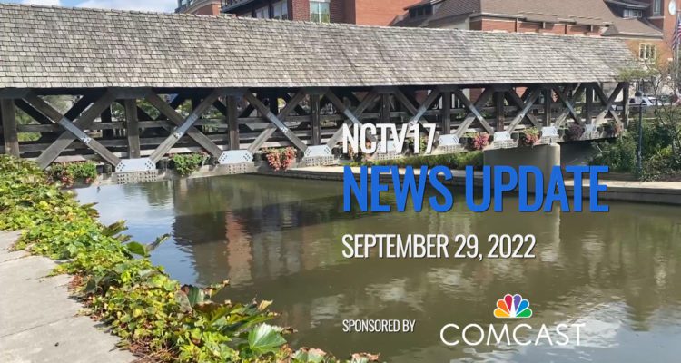 News Update slate for Sept. 29 with downtown covered bridge background