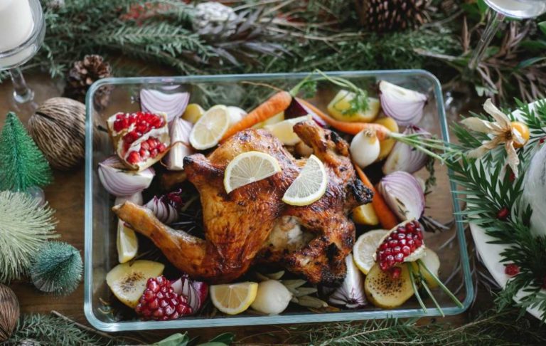 Healthy Holiday Eating-Grilled chicken with vegetables on table