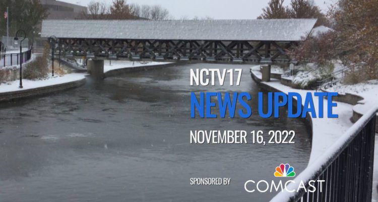 NCTV17 News Update slate for November 16, 2022 with bridge over DuPage River in background