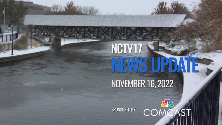 NCTV17 News Update slate for November 16, 2022 with bridge over DuPage River in background