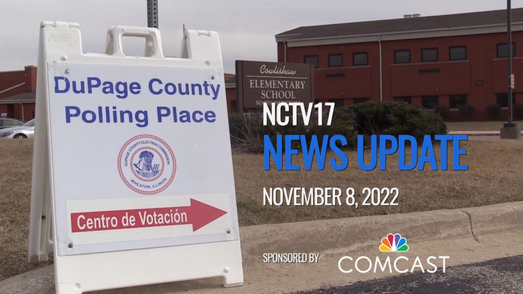 NCTV17 news update slate for November 8, with polling place Election Day file image in background
