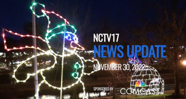 NCTV17 news update slate for November 30 with Naper Lights display in background