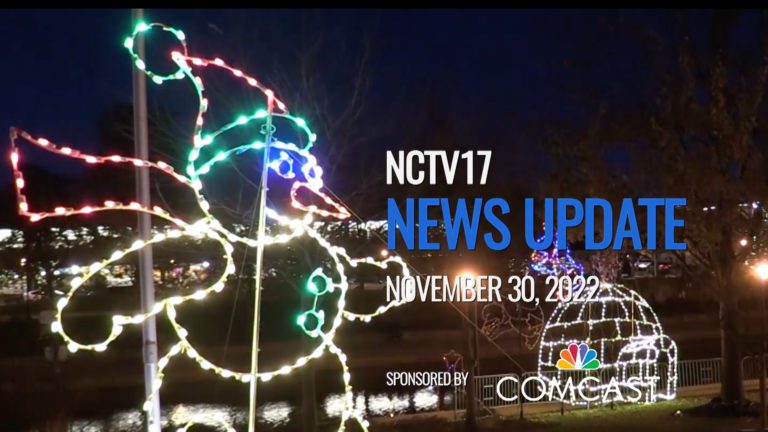 NCTV17 news update slate for November 30 with Naper Lights display in background