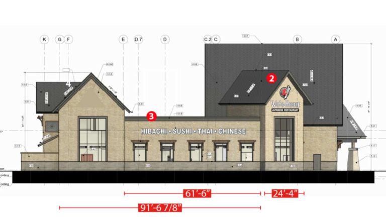 mock-up drawings for new hibachi restaurant proposed for Naperville's Bradford Commons